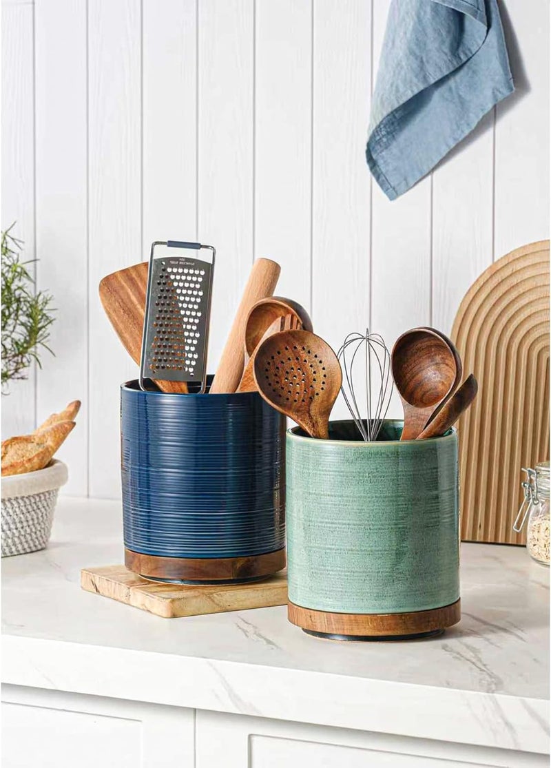 MIKIGEY Utensil Holder, 360° Rotating Extra Large Ceramic Kitchen Utensil Holder for Countertop, 7.3“ Cooking Utensil Crocks for Kitchen Counter with Rotatable Wooden Base, Farmhouse Decor, Forest Green - Image 2
